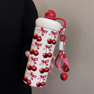 600ML Stainless Steel Insulated Cup with Cherry Pendant, Simple Cherry Print Travel Mug for Hot and Cold Drinks, Best Gift for Outdoor and Home Use, Thermos Cup