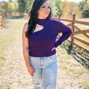 Cold Shoulder Ribbed Sweater-Purple