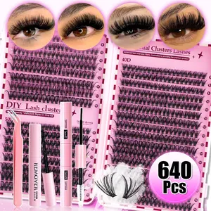 640 sets of clustered false eyelashes, 30D/40D/50D mixed false eyelashes, which are comfortable to wear and have a curled length of 0.07 mm and a length of 8-16 mm; they are suitable for beginners' 3D Russian curled styles and are reusable household items