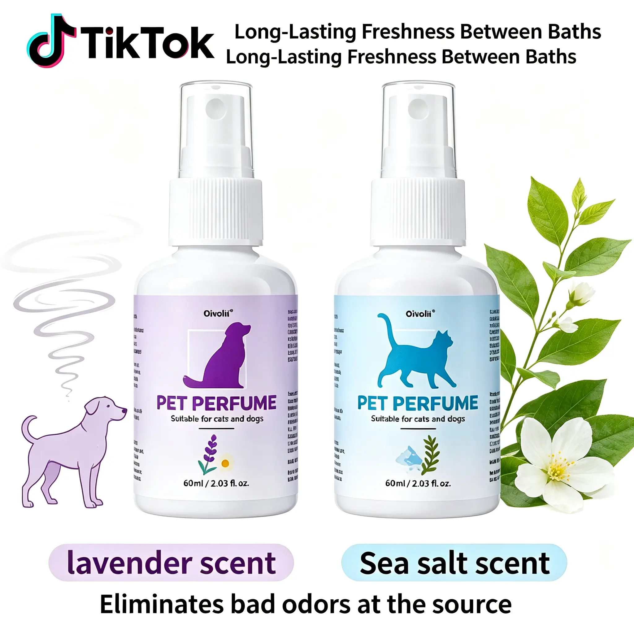Pet Deodorizing Spray & Cologne (Lavender & Sea Salt Scent) - Alcohol-Free Odor Destroyer for Dogs & Cats, 2-Pack 60ml Each, 2 Pcs Set