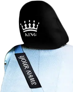 Yupbizauto Embroidered King Logo Car Headrest Cover & Custom Seatbelt Pad Set, Truck Interior Accessories, Universal Fit (SUV/Truck/Sedan), Made in USA, Personalized Name Accessory