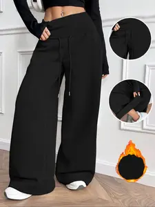 Women's Casual Basic Knit Fleece Drawstring Waist Straight Leg Pants, High-Waisted Winter Wear, Comfortable Daily Use
