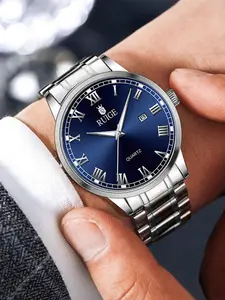 Men's Fashion Round Dial Analog Quartz Watch, Stainless Steel Luminous Watch with Calendar, Classic Dress Watch with Gift Box, Ideal Birthday Gift