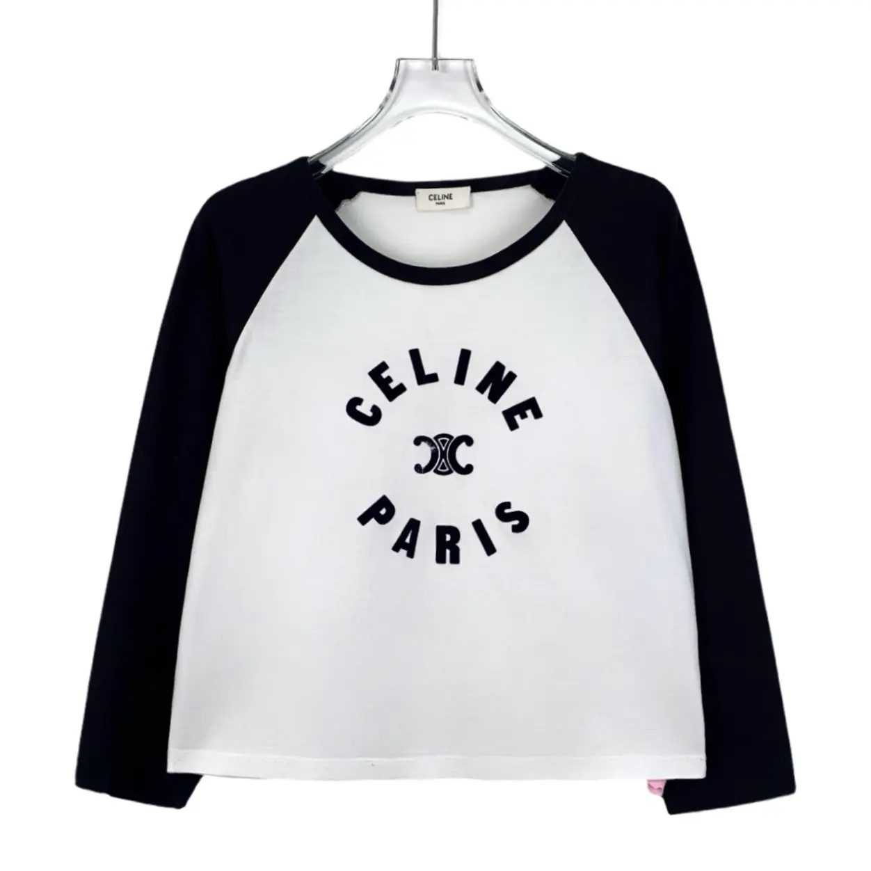 CALUXA- Celine Colorblock Logo Flocked Cotton Long-Sleeve T-Shirt Size 44