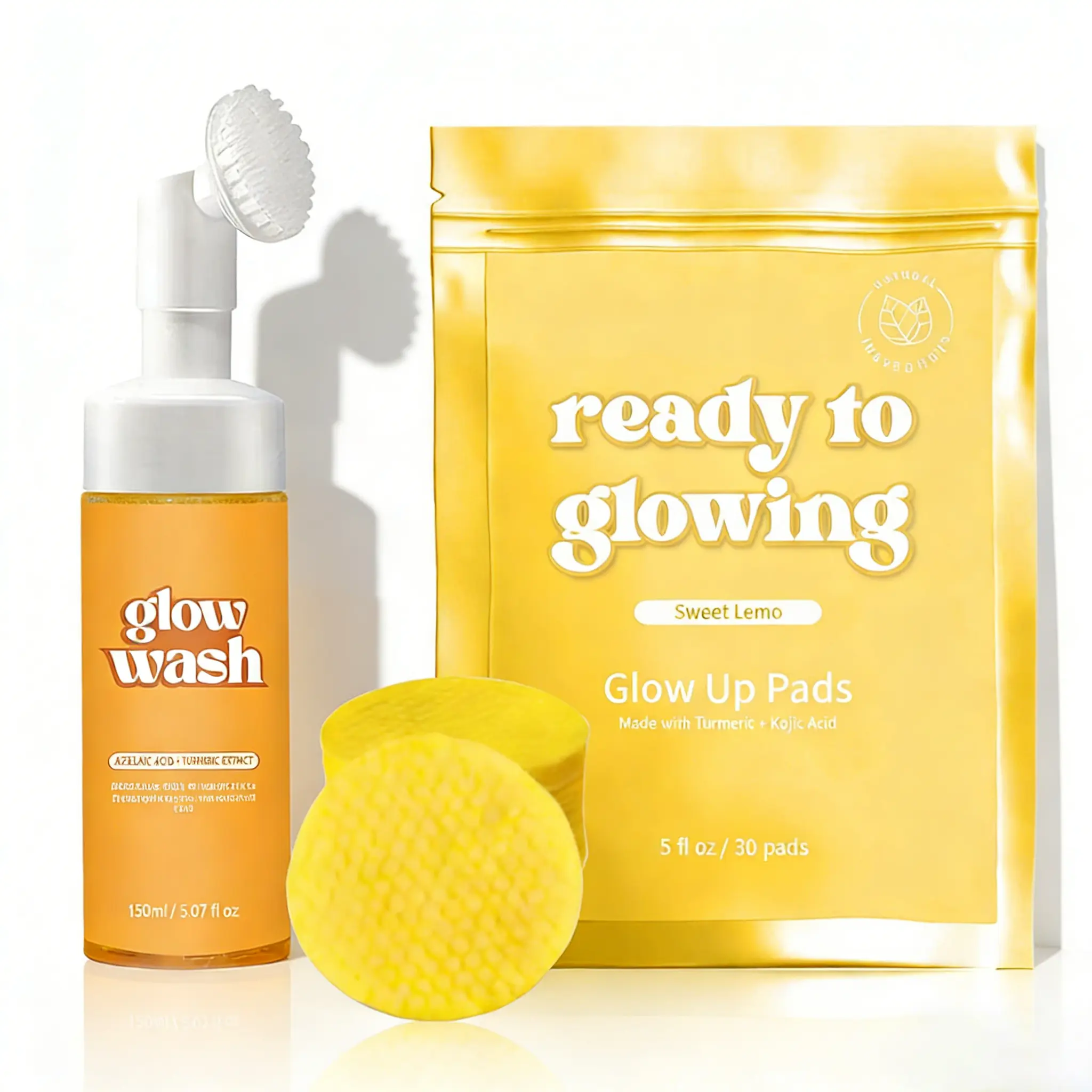Glowing Skin Beauty Kit - Ready to Glow Facial Cleanser, Free Turmeric Pads, Sweet Lemon Exfoliating Pads for Healthy Comprehensive Skincare Routine