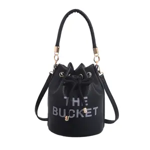 women's large-capacity handbag solid color letterprintcrossbody bag drawstring pleated bucket bag