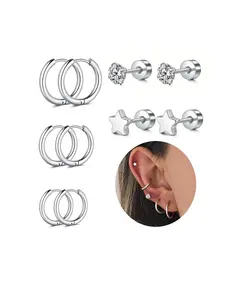 Stainless Steel Hoop Earrings & Cartilage Studs, Fashionable Earrings for Women & Men, Trendy All-match & Exquisite Jewelry for Birthday Gift