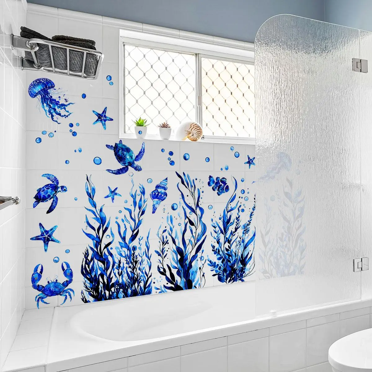 Mermaid Themed Bathroom Sticker, 8 Counts/set Self Adhesive Bathroom Decal, DIY Decorative Sticker for Home Bathroom, Ornaments, Bathroom Decoration Supplies