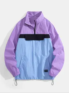 Men's Casual Sportswear Medium High Neck Half Zip Colorblock Hooded Windbreaker Thin Zip Up Jacket, Stylish and Comfortable Outerwear