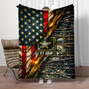 1 Piece American Army Printed Flannel Blanket - Lightweight and Soft, Featuring Patriotic American Flag and Barbed Wire Design, 280g/sqm, Suitable for Sofa, Bed, Travel, and Home Decoration, Patriotic Theme Blanket |   Military Style Lightweight Mat