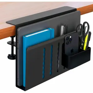 Steel Side Desk Organizer Clamp on Laptop Mount with Magnetic Pen Holder No Drill Under Desk Laptop Holder Hanging Storage for Home & Office Organization Black