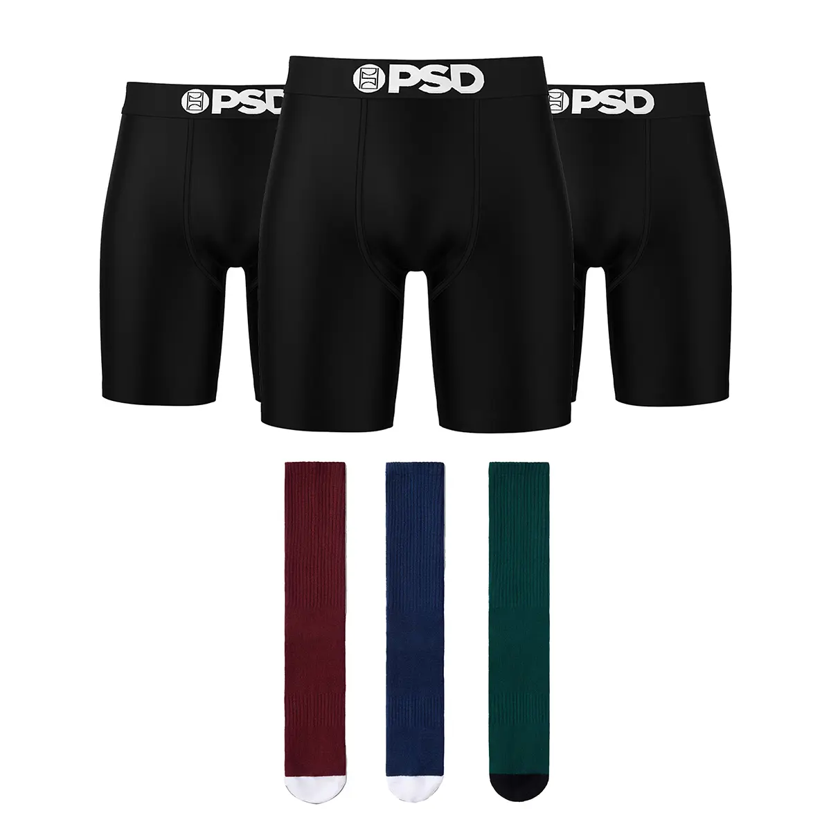 PSD Mens TikTok Exclusive Boxer Brief & Crew Sock Bundle - Black Boxer Brief 3-Pack + Dark Tones Crew Sock 3-Pack, Breathable Menswear