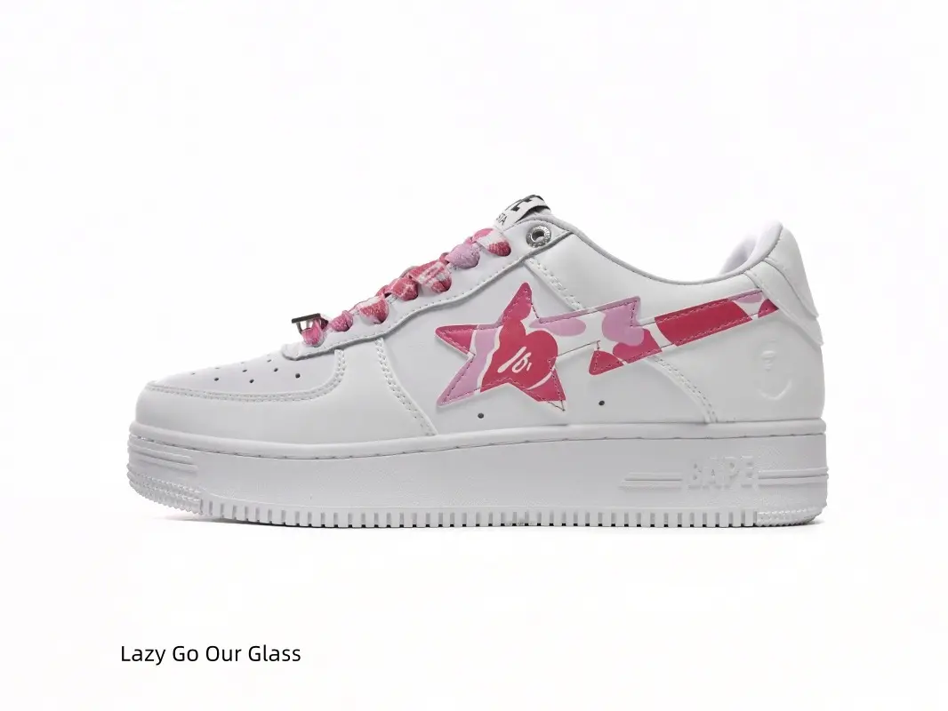 Trendy Sweet Solid White Smooth Leather Low Top Flat Casual Sneakers, Unique Pink Camouflage Heart Star Side Logo, Adjustable Pink White Braided Laces, Comfort Padded Inner Collar, White Breathable Lining, Non-Slip White
