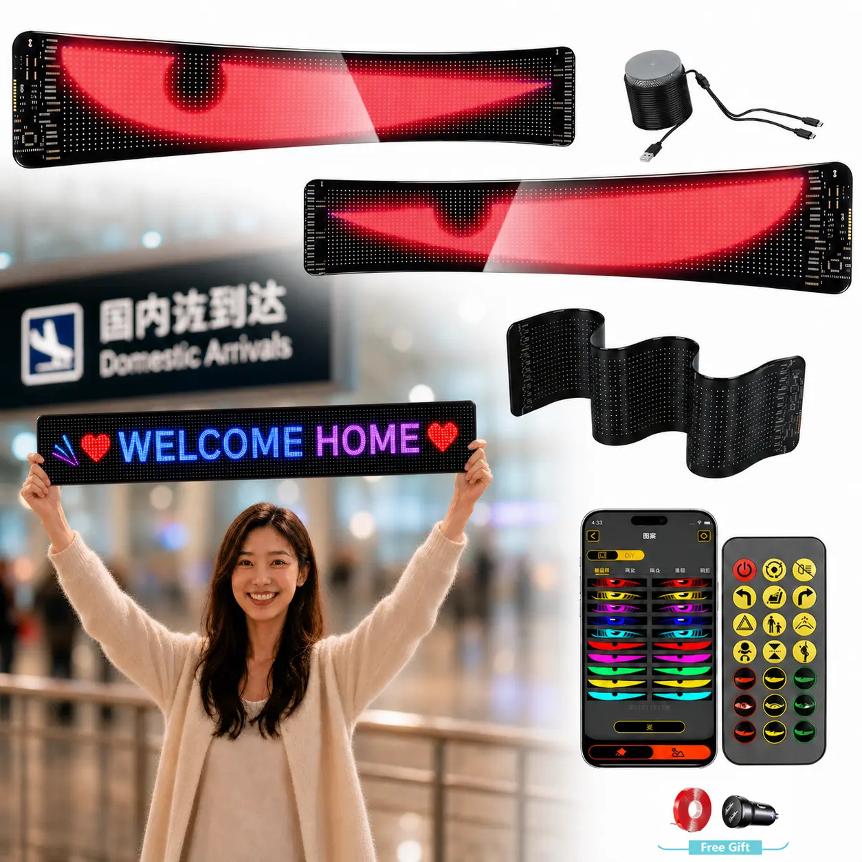 Quplavo 5V USB Power Illuminated LED Flexible Airport Welcome Sign Board - App-Controlled DIY Custom Texts, High-Brightness Bendable RGB Dot Matrix Panel, Portable Glow Board (1-Pack, 2-Pack Options)