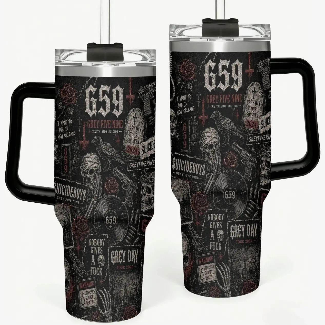 Suicideboys G59 Grey Day Tour 40oz Tumbler with Handle, Stainless Steel Insulated Cup, Gothic Rap Fan Gift, Black & Red Collage Travel Mug with Straw