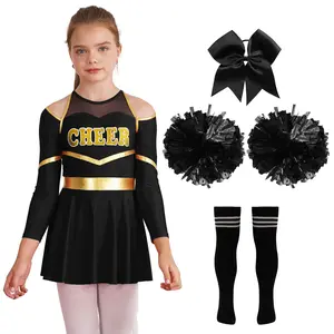 Kids Girls Dance Outfits Contrast Color Letter Print Off-shoulder Keyhole Back Long Sleeve Leotard Dress Cheer Uniforms