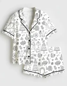 Women’s Hand Drawn Whimsical Wedding Illustrations Satin Pajama Set, Bride Short Sleeve PJs, Bridal Shower & Bachelorette Sleepwear