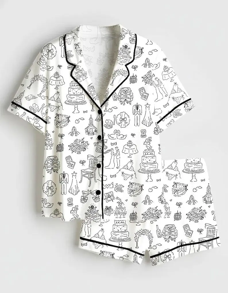 Women’s Hand Drawn Whimsical Wedding Illustrations Satin Pajama Set, Bride Short Sleeve PJs, Bridal Shower & Bachelorette Sleepwear