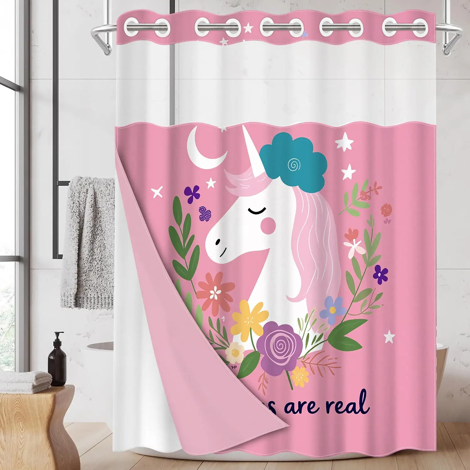1pc hookless shower curtain with buckle lining, Cute Shower Curtain, spring pink unicorn wreath design, 2D flat printing, fabric waterproof lining, see-through double shower curtain, 71 x 74 inches, modern home curtain, Floral Shower Curtains