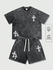 Lightweight vintage casual athletic set for men featuring a cross pattern print, Y2K street style, washed distressed look, premium feel, loose fit, versatile design. Short-sleeve T-shirt and shorts set suitable for running, golf, fishing, basketball, camp