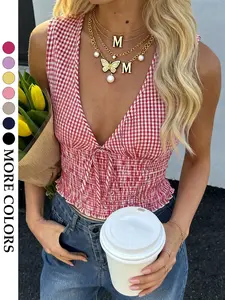 Women's American Vintage Plaid Vest, Deep V Neck Tie Adjustable Short Waist Crop Top, Summer Beach Vacation Casual, Womenswear