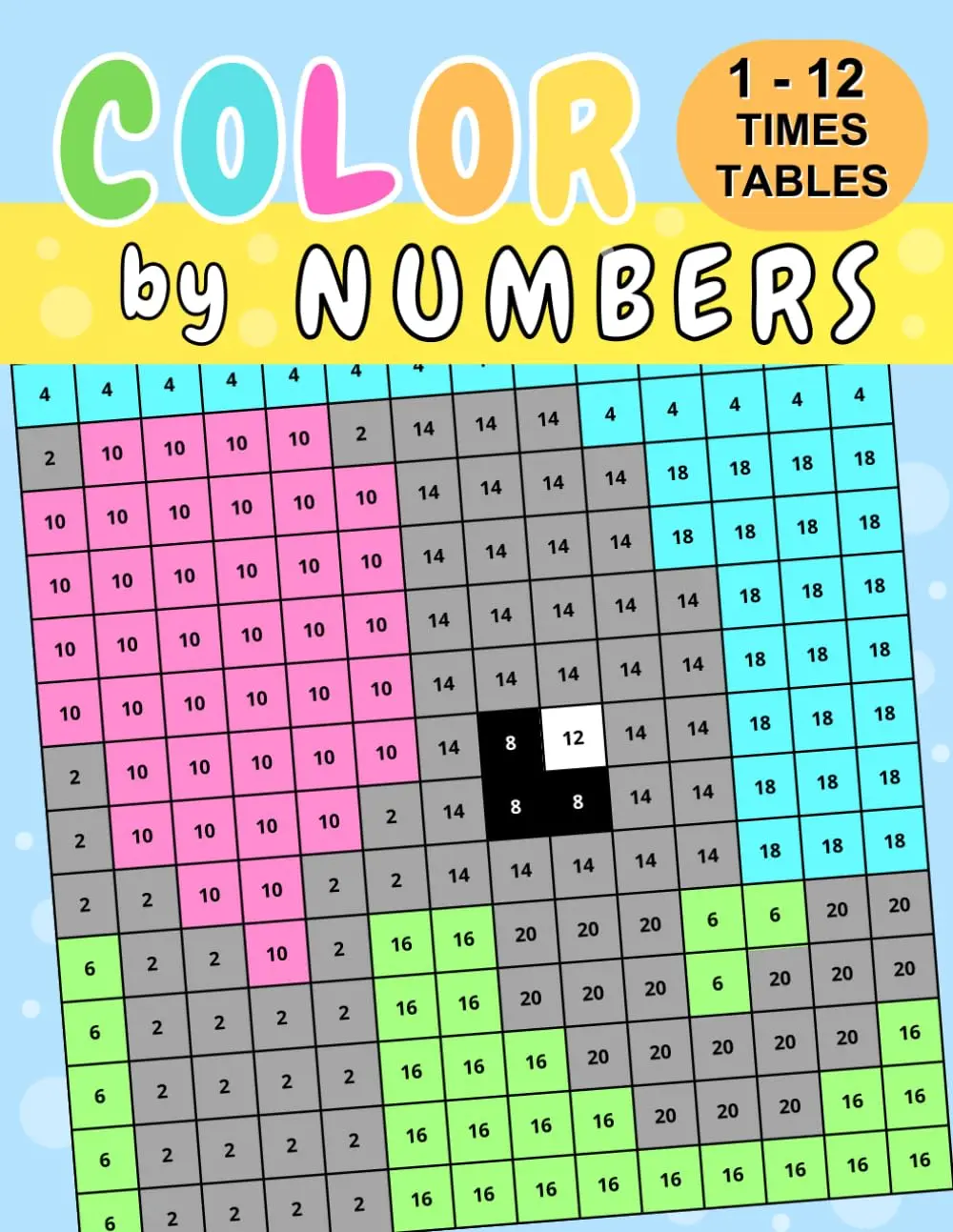 Color by Numbers Math: 1 - 12 times tables workbook. Solve multiplicationequations and color in the answers to reveal the hidden picture. Play basedlearning and brain games for kids.
