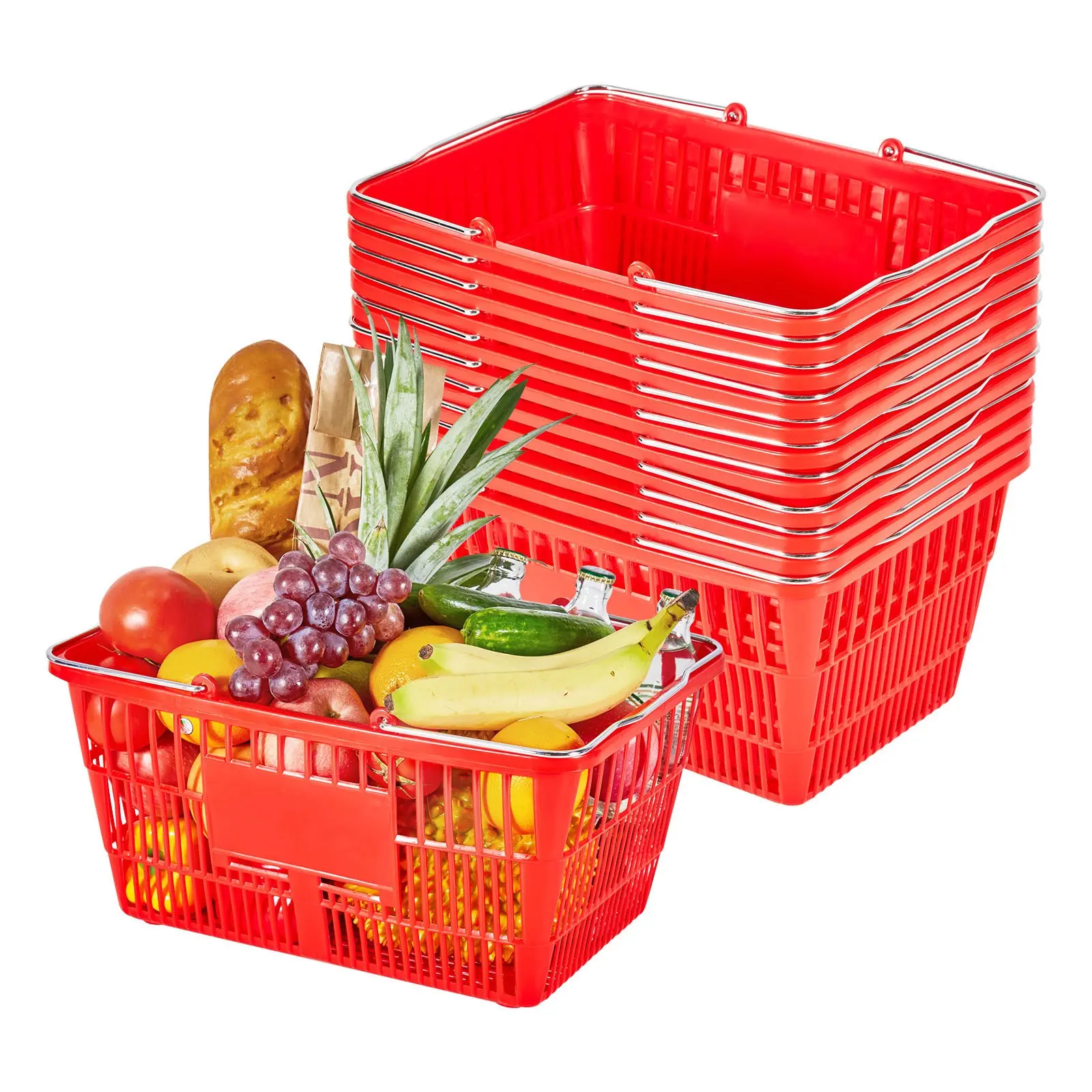 12 PCS Stackable PE Plastic Shopping Baskets, 21L Dense Mesh Grocery Baskets with Metal Handles, 20 lbs Capacity, Portable for Retail Stores, Home Use, Red