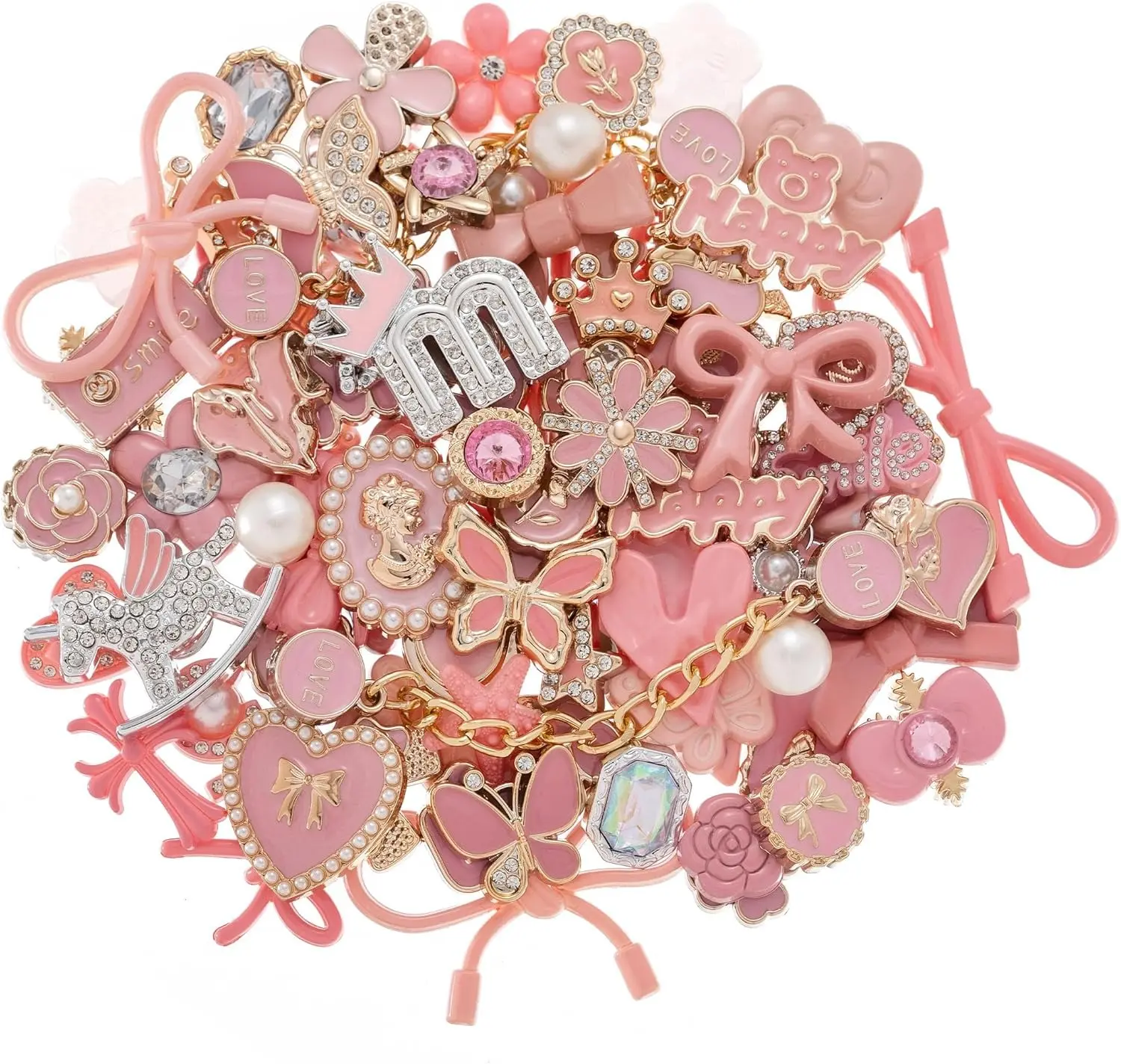 30 Pcs Pink Bling Shoe Charms for Clogs - Cute Pearl Butterfly Flower Chains & Rhinestone Decoration Accessories - Aesthetic Shoe Pins Birthday Party Favors Gifts for Girls and Women