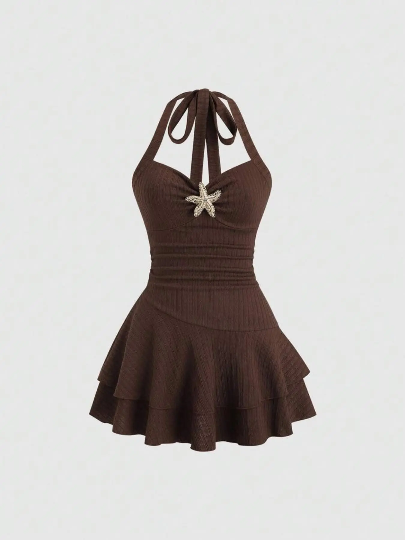 Women's New Summer Halter-Neck Dress, Beach Vacation Style with Front Pleats, Metal Decor and Layered Ruffles, Elegant Fabric, Playful Mini Dress, Elegant Knit Dress