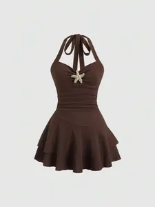 Women's New Summer Dress, Beach Vacation Style, Elegant Fabric, Halter Neck, Front Pleats, Metal Decor, Layered Ruffles, Playful Mini Dress