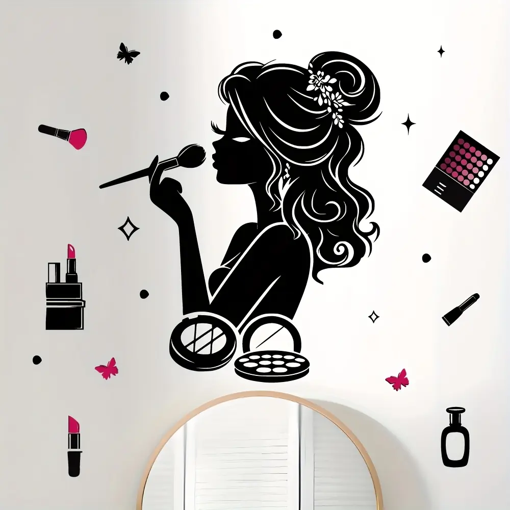 Chic Makeup Girl Wall Decal, Graphic Decal - Black & White Contemporary Cosmetic Theme Decorative Sticker for Bedroom & Beauty Salon Decor, Removable Self-Adhesive Design with Stars and Butterflies, Beauty Accessories, Decoration Sticker, Wall Stickers