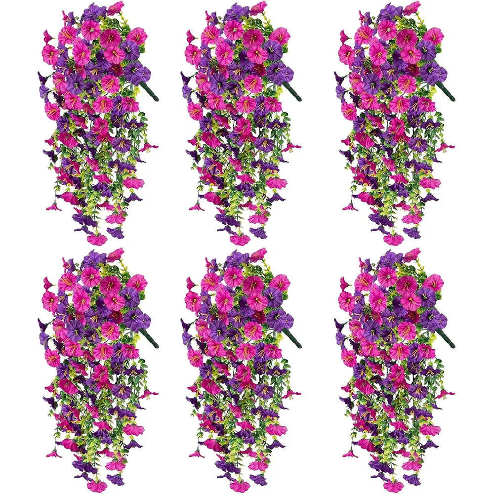 6 Pcs Plastic Silk Decorative Artificial Hanging Flowers - Flared Nature-Inspired Morning Glory & Eucalyptus Long Vines, UV-Resistant Photorealism Study Faux Greenery, Floral Decor for Patio Wedding Home Decor, Purple, Removable Parts