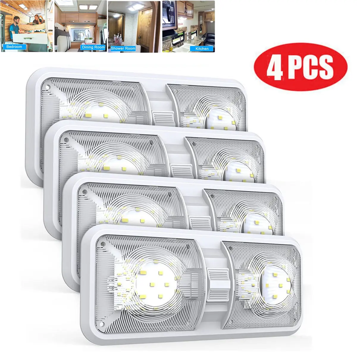 4-Pack 12V RV Double Dome LED Ceiling Lights with Switch, ABS 2-Wires Without Polarity IP67 Waterproof Interior Lighting Accessories for RV Trailer Home Improvement