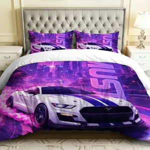3PCS Duvet Cover Set, 1 Duvet+2 Pillowcases(Without filler), Sports Car City Lights Racing Purple theme, Birthday bedding set, Decorative Duvet Cover, Luxury Pillow Covers Suitable for decoration Bedroom, Guest Room, Dormitory, Hotel.