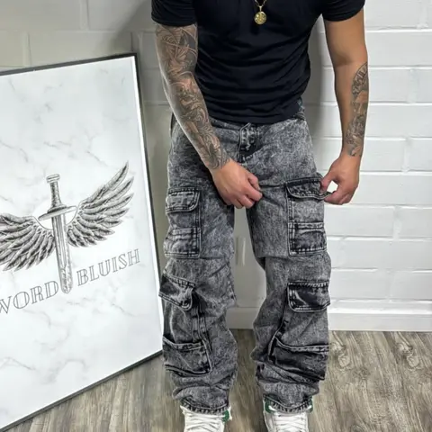 Men's New Korean Style Faded Woodcut Pants, Loose-Fitting High Waist Y2K Denim Long Pants, Large Pockets Workwear Jeans, All Seasons Fashion