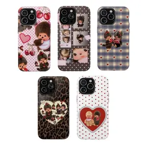 Monchhichi Phone Case, Cute Vintage Doll Phone Case, Retro Kawaii Aesthetic, Heart, Cherry & Plaid, Girly Soft Case for Phone 17 16 15 14 13 12 SE Max Pro Samsung galaxy 21 22 23 24 25
