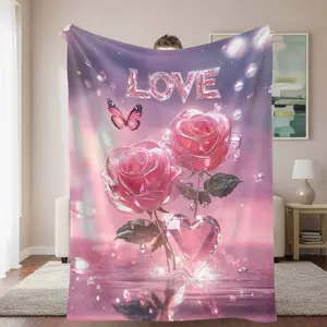 Romantic Crystal Rose Love Flannel Blanket， Pink Butterfly and Heart Art Print Design， Soft Warm Cozy Lightweight Plush Throw， Perfect for Bedroom Decor， Sofa Lounging， Anniversary Gift， Valentine Celebration， Couple Home Use