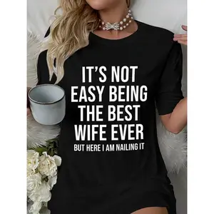 Comfortable Women's Slogan Print Casual Sleepwear Dress |       Short Sleeve Round Neck Tee Dress, Nightgown