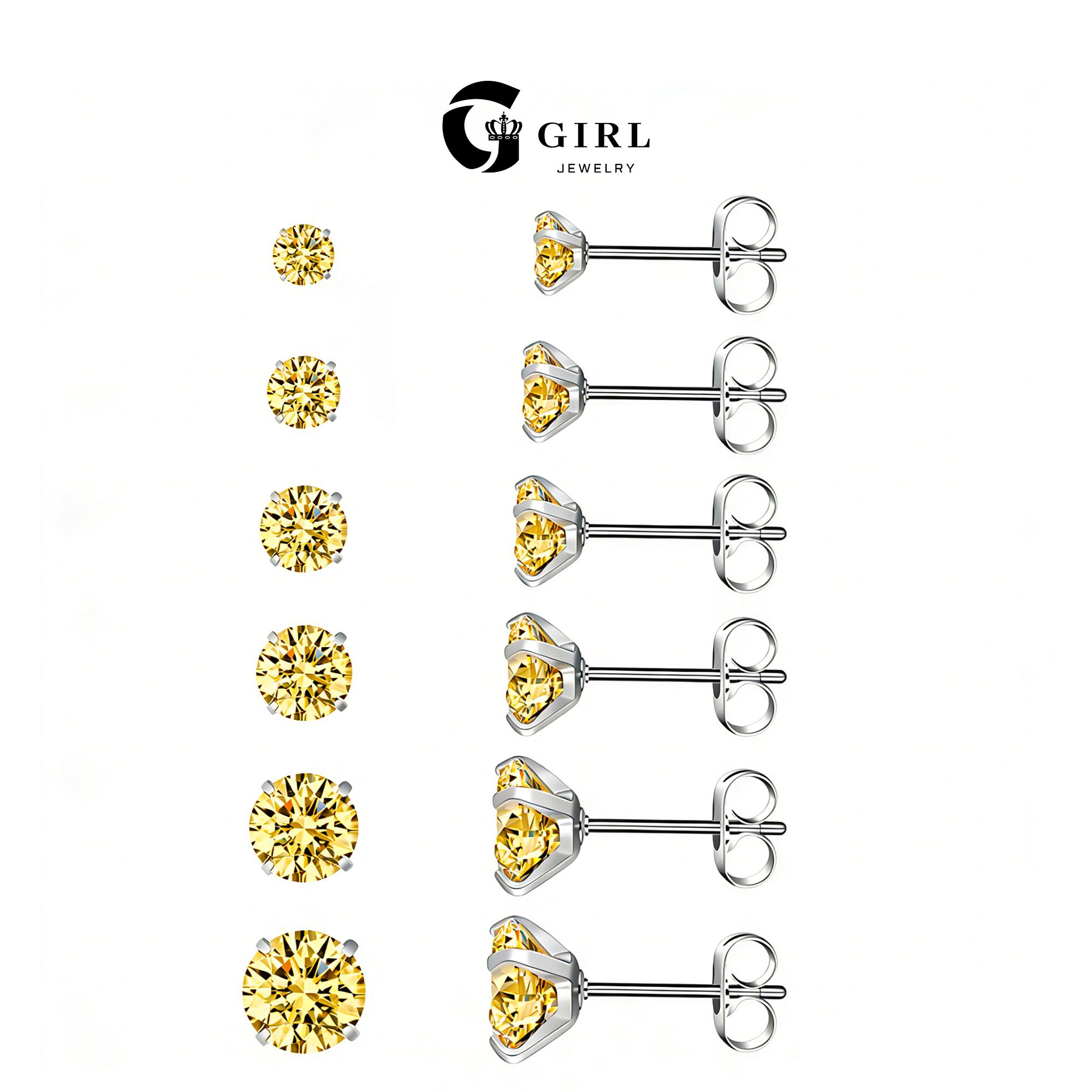 6 Pairs Stud Cubic Zirconia Earrings Set（ 3-8mm）, Stainless Steel Hypoallergenic Cubic Zirconia Earrings   Chic Gorgeous Jewelry As Gift for Girlfriend, Elegant Minimalist Earrings