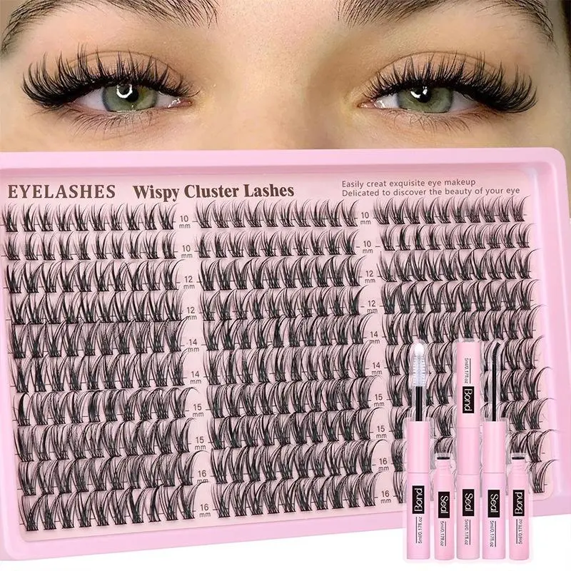 DIY Eyelash Extension Kit with Soft Natural Fluffy Eyelash Clusters for Longer Looking Lashes, Lightweight Wispy Lash Set with Glue, Tweezers, Brush & Remover, Eyelashes Extensions