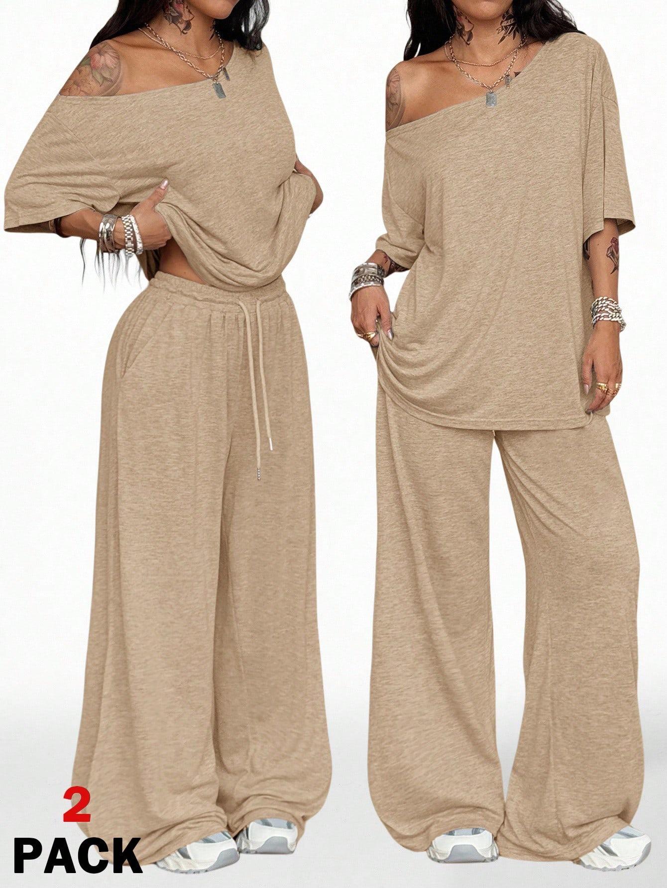 Women's Casual Solid Color Sport Two-Piece Set, Loose Long Pants & Wide Leg Slant Neck Pant Suit, Spring & Fall Fashion