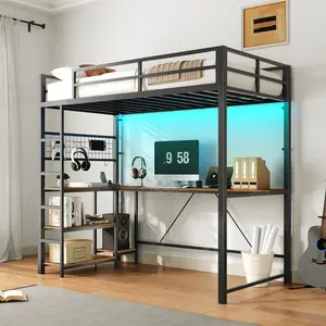 Twin Loft Bed with LED Lights, L-Shaped Desk & Built-in Charging Station, Metal Bunk Bed with Shelves, Guardrail for Teens, Adults, Space Saving, Black and Rustic Brown