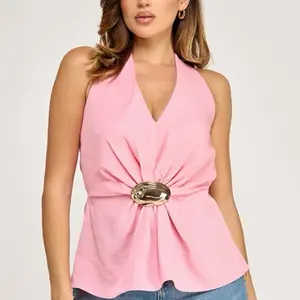 Pink Halter Neck Top with Gold Buckle Detail and V-Neck Design for Women