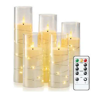 Raycare Flameless LED Candles with Embedded Star String, 5 Pcs Battery Operated Acrylic Pillar Candles with Timer and Remote, Flickering Candles for Romantic Ambiance and Home Decoration Mood Decorative