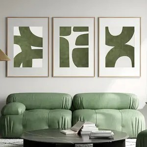 3pcs Mid-Century Modern Minimalist Design Green Abstract Art Prints, Unframed Spring Fashion Theme Canvas Posters for Living Room, Bedroom, Office, Indoor Portrait Wall Decor, Modern Home Decoration, Abstract Pattern Print