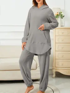 Two-Piece Set Women's Solid Drop Shoulder Curved Hem Hooded Sweatshirt & Elastic Waist Pants Plush Two-Piece Set, Casual Fashion Cozy Breathable Two Piece Outfits for Daily Home Wear, Women's Sleepwear for Winter