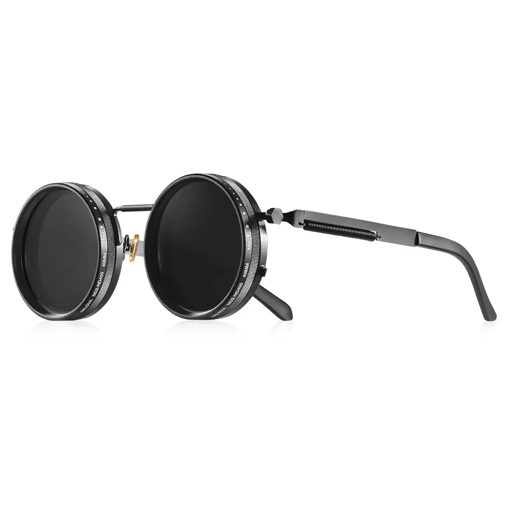 Steampunk Punk Sunglasses, Unisex Circular Metal Frame with Engraved Technical Markings & Spring Hinges, Retro Polarized Lens with ND9 Adjustable Dimming
