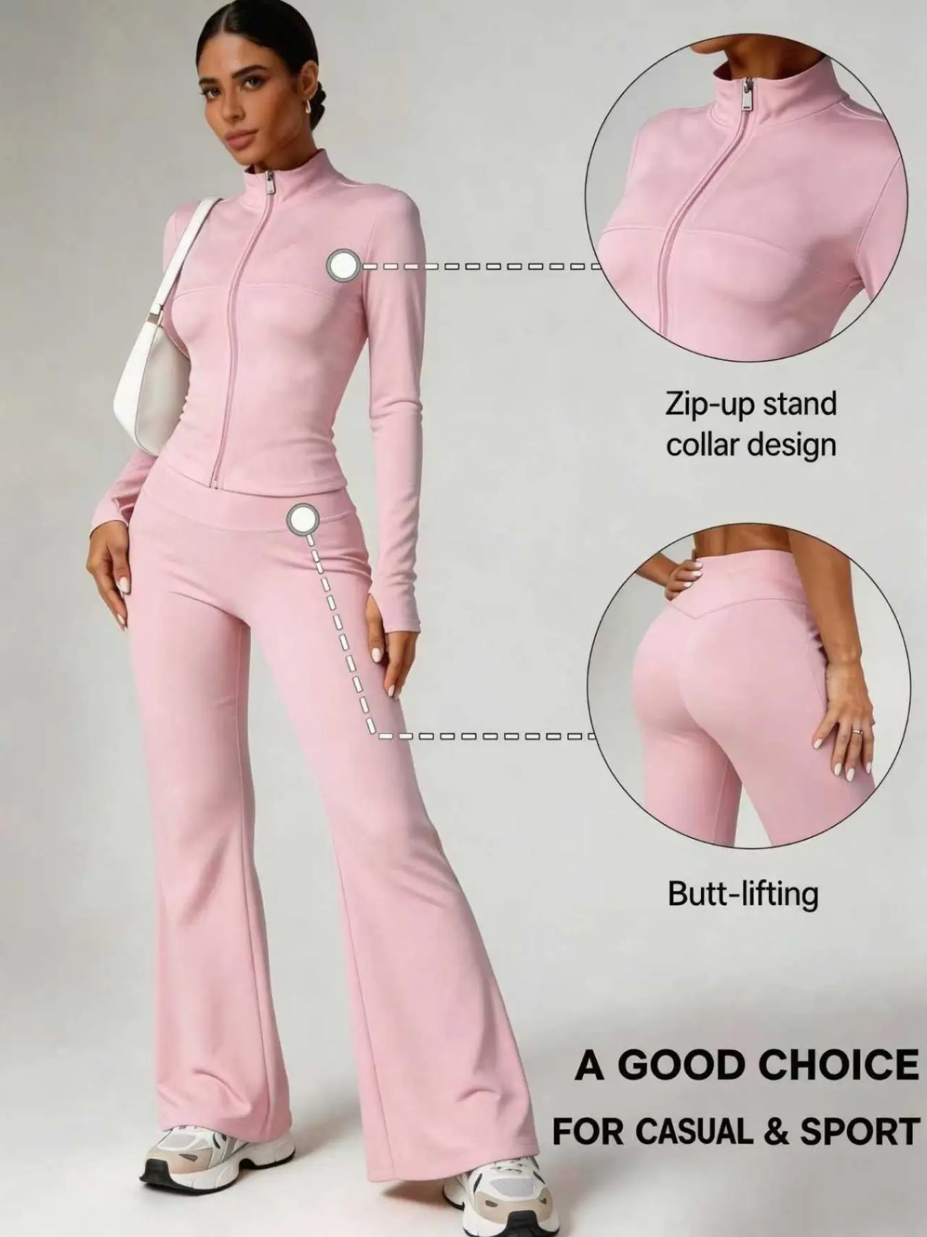 Qfen Sport Women's Two-Piece Set, She-In Petite Zipper Jacket and High-Waist Tight Pants, Solid Tracksuit Set, Comfortable and Stylish, Ideal for Active Lifestyle, Sports Wear Set, Sportswear Set