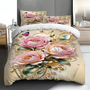 Three-piece, Decorative bedding set - 2pcs/3pcs 2D Flat Spring Pink Gold Floral Rhinestone Pattern Duvet Cover Set (1 duvet cover + 1/2 pillowcases, no insert), suitable for family bedrooms and guest rooms