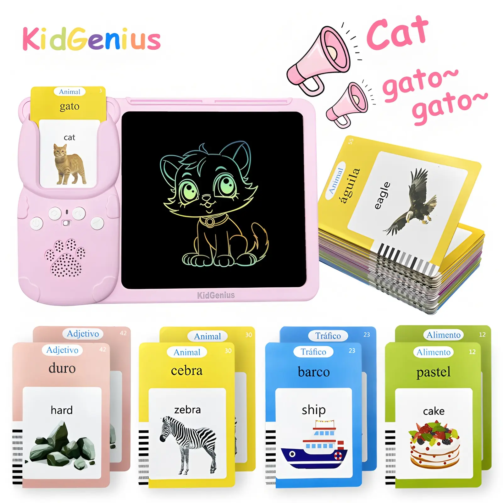 KIDGENIUS Interactive Bilingual Toddler Flash Cards - Talking, Bilingual Instruction, Vocabulary & Word Tools, Wipeable Colorful Drawings, Quick Erase Button, Early Education Cognitive Development Toys for Tots Ages 2-6, Bilingual Instruction Cards